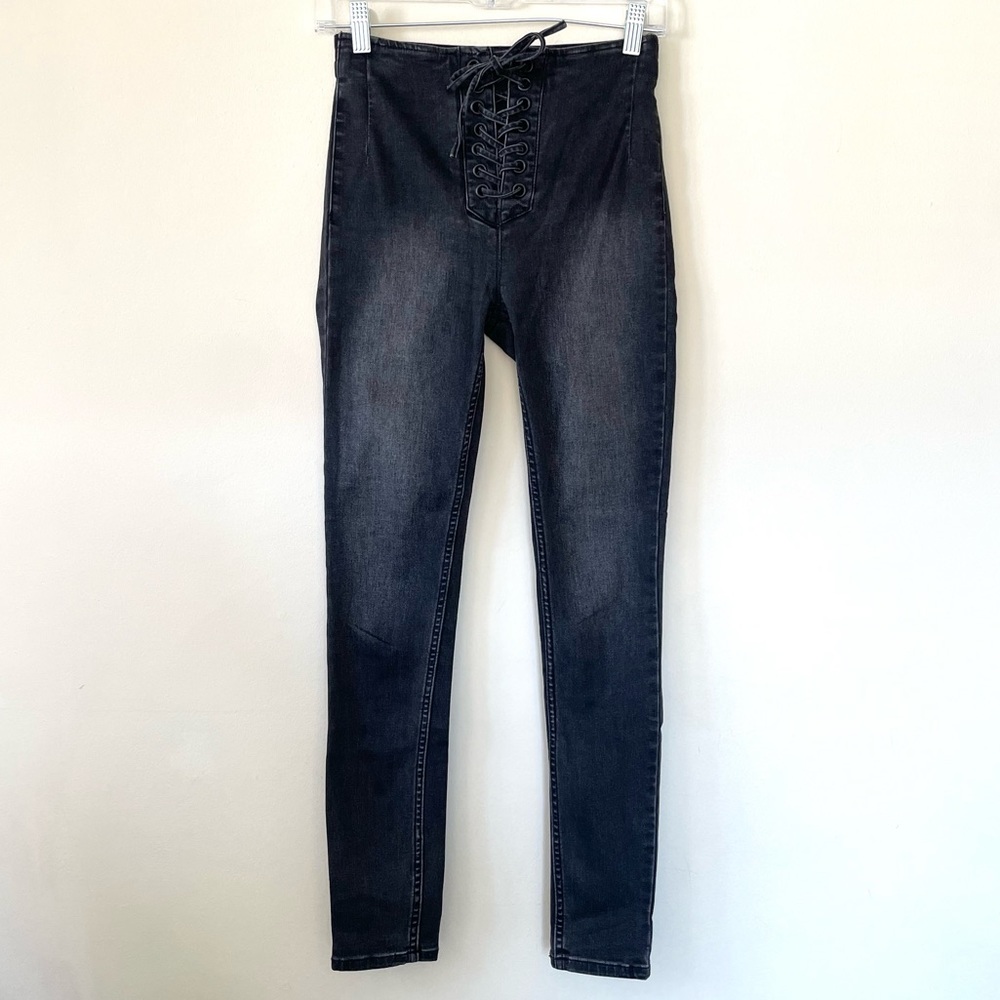 Free People Lace Up High Waisted Black Light Wash Skinny Jeans Size 25